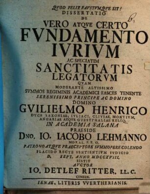 Diss. ... de vero atque certo fundamento iurium ac speciatim sanctitatis legatorum