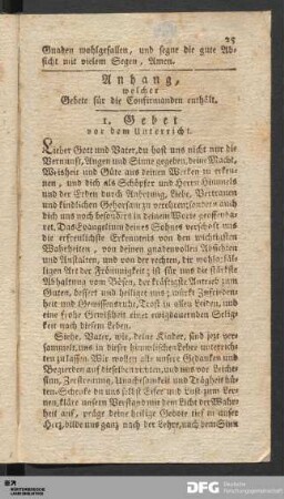 Anhang, welcher Gebete für die Confirmanden enthält.