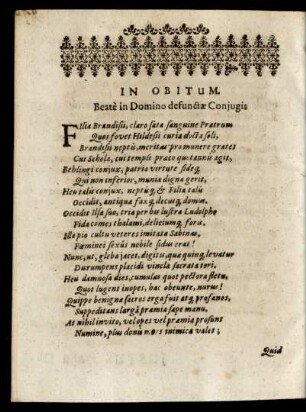 In Obitum. Beate in Domino defunctae Conjugis