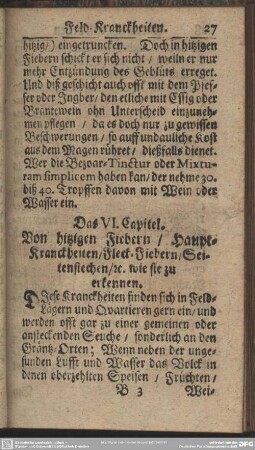 Das VI. Capitel. Von hitzigen Fiebern, Haupt-Kranckheiten, Fleck-Fiebern, Seitenstechen, [et]c. wie sie zu erkennen