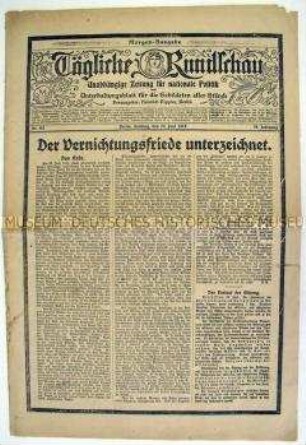 Tageszeitung "Tägliche Rundschau" zur Unterzeichnung des Versailler Vertrages