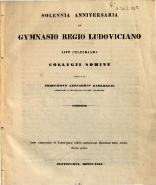 Solennia anniversaria in Gymnasio Regio Ludoviciano rite celebranda indicit. 1842