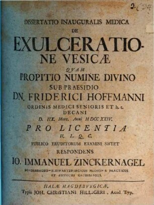 Dissertatio Inauguralis Medica De Exulceratione Vesicae