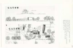 Dorfkern Gatow, Berlin-Spandau (Diplomarbeit bei Willy Kreuer): Bebauungsplan Gatow, Malerateliers, Ansicht von der Alt-Gatower Dorfstraße aus 1:200 und Schnitt