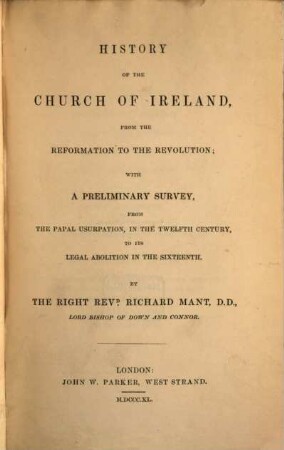 History of the Church of Ireland, from the Reformation to the Revolution
