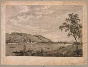 Die Elbe in Hosterwitz bei Dresden stromaufwärts gesehen, links die Kirche "Maria am Wasser" in Hosterwitz und im Hintergrund Schloss Pillnitz