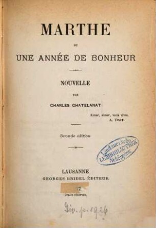 Marthe ou Une année de bonheur : Nouvelle par Charles Chatelanat