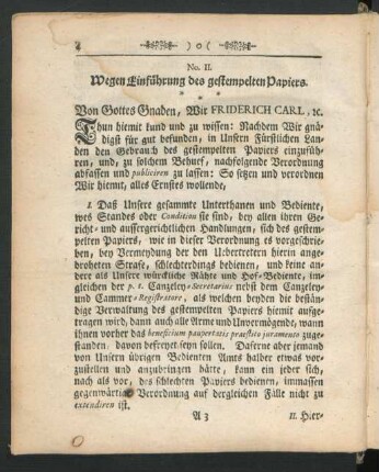 No. II. Wegen Einführung des gestempelten Papiers