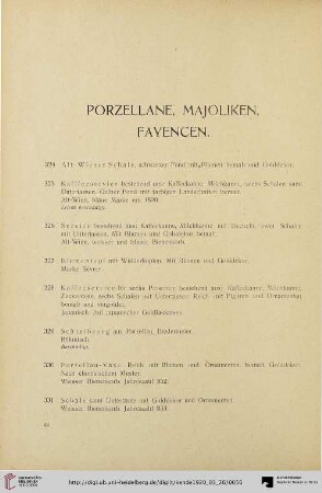 Porzellane, Majoliken, Fyencen (Nr. 324-362)