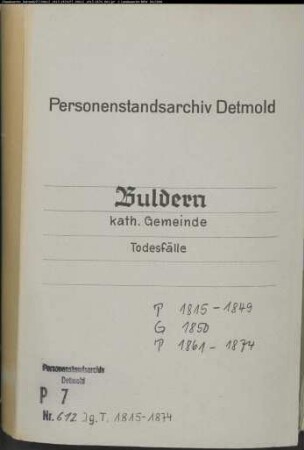Kirchenbuchduplikat der katholischen Gemeinde Buldern (G 1850; T 1815-1849, T 1851-1874). (Gemeinde: Buldern, katholische Gemeinde)