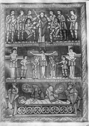 Codex Vyssegradensis / Kodex vyšehradský — Passionsszenen: Dornenkrönung, Kreuzigung, Grablegung, Folio 15r