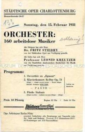 Programm der Städtischen Oper Charlottenburg zu einem Konzert mit arbeitslosen Musikern