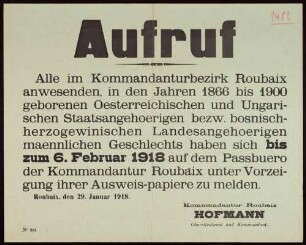 "Aufruf" (Meldeaufruf an österreichische und ungarische Staatsangehörige bzw. bosnisch-herzegowinische Landesangehörige) (No. 381)
