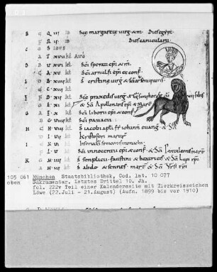 Sakramentar — Buchseite mit Tierkreiszeichen Löwe, Folio 222verso
