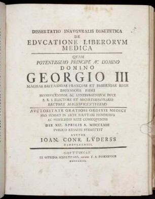 Dissertatio Inavgvralis Diaetetica De Edvcatione Liberorvm Medica
