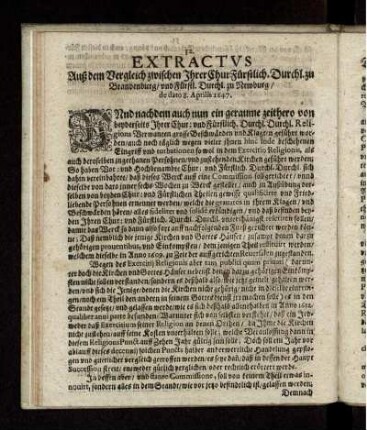 Extractus Auß dem Vergleich zwischen Ihrer ChurFürstlich.Durchl. zu Brandenburg/ und Fürstl. Durchl. zu Newburg/ de dato 8.Aprilis 1647.