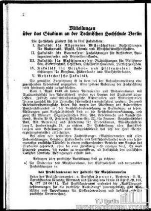 Mitteilungen über das Studium an der Technischen Hochschule