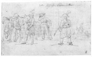 Alte sächsische Curierreiter : Rietschel, Ernst: Alte sächsische Curierreiter. Um 1821/1822. Bleistift auf hellelfenbeinfarbenem Bütten; 9,9 x 16,4 cm. Privatbesitz, WVZ 29 v