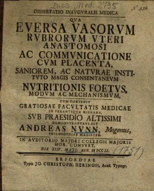 Dissertatio Inavgvralis Medica Qva Eversa Vasorvm Rvbrorvm Vteri Anastomosi Ac Commvnicatione Cvm Placenta, Saniorem, Ac Natvrae Institvto Magis Consentanevm Nvtritionis Foetvs, Modvm Ac Mechanismvm
