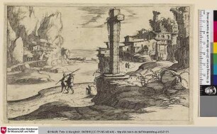 [Stadtlandschaft mit einem Bettler unter einem steinernen Kreuz hockend]