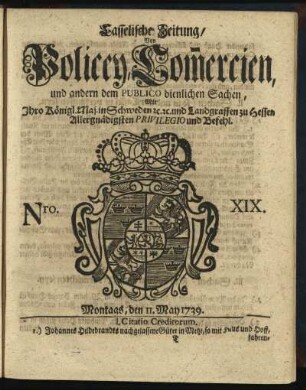 Nro. XIX, Montags, den 11. May 1739