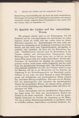VI. Qualität des Lichtes und das menschliche Wesen.