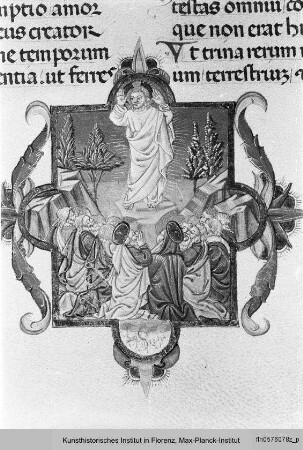 Buchseite mit Miniatur, darin die Erscheinung Christi vor Maria und den Aposteln - Breviario di Santa Maria del Fiore