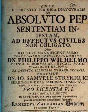 Diss. iur. inaug. de absoluto per sententiam iniustam ad effectus civiles non obligato