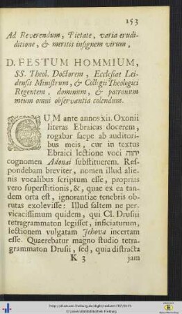 Ad Reverendum, Pietate, varia erudiditione … D. Festum Hommium, … .