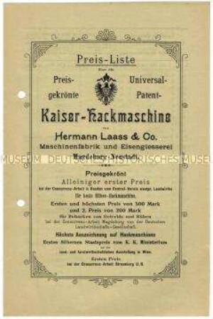 Preisliste über Hackmaschinen