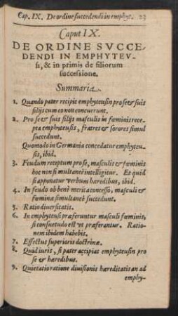 Caput IX. De ordine Succedendi In Emphyteusi, & in primis de filiorum successione.