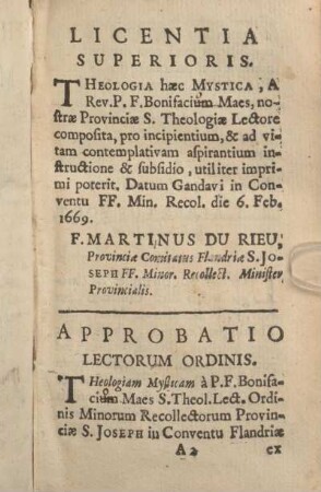 Licentia Superioris. approbatio Lectorum Ordinis. [Censura Ordinarii.]