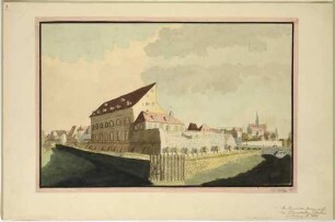 Das alte Theater auf der Ranstädter Bastei im Nordwesten von Leipzig im Erbauungszustand von 1766, im Hintergrund rechts die Brücke zum Ranstädter Steinweg, dahinter die Neukirche