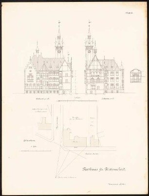Rathaus, Essen-Rüttenscheid: Schnitte 1:200, Lageplan 1:400