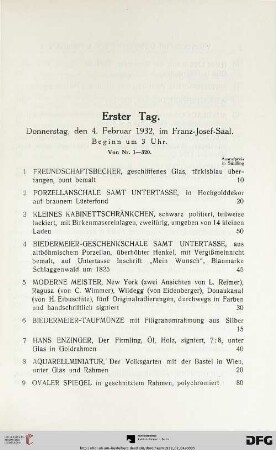 Erster Tag: Donnerstag, den 4. Februar 1932, im Franz-Josef-Saal, Beginn um 3 Uhr (Nr. 1-320)