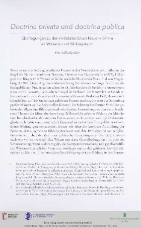 Doctrina privata und doctrina publica: Überlegungen zu den mittelalterlichen Frauenklöstern als Wissens- und Bildungsraum