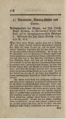 9) Naturlehre, Naturgeschichte und Chymie.
