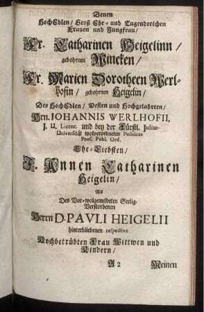 Denen Hoch Edlen, Groß Ehr- und Tugendreichen Frauen und Jungfrau Fr. Catharinen Heigelinn, gebohrnen Wineken, Fr. Marien Dorotheen Werlhofin, gebohrnen Heigelin [...] Hrn. Johannis Werlhofii [...]