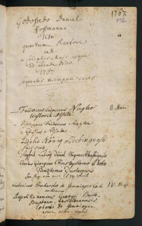 Sommerhalbjahr 1767. Rektorat Gottfried Daniel Hoffmann