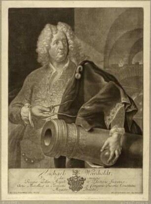 Bildnis des Erzgießers Michael Weinholdt, Halbfigur sttehend nach links, mit Kanone