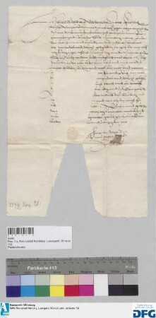Dr. Heinrich Rudolff vonn Weze, fürstlich Clevischer Kanzler, stellt der Stadt Nürnberg Quittung aus über 400 fl. Stadtsteuer.