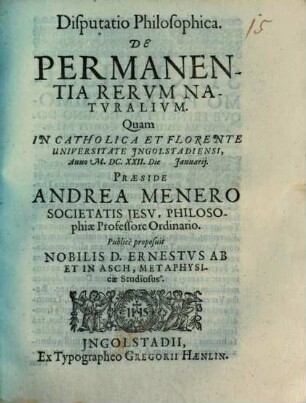 Disputatio Philosophica. De Permanentia Rervm Natvralivm