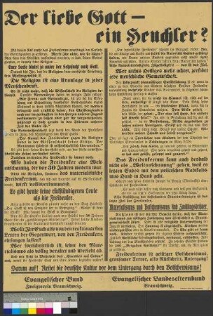 Propagandaplakat des Evangelischen Bundes und des Evangelischen Landeselternbundes zur säkularen Weltanschauung der Freidenker und Kommunisten