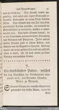 Ein blutstillendes Pulver, welches bey dem Blutflüßen der Gebährmutter angepriesen wird