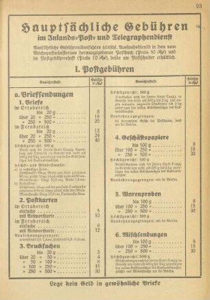 Hauptsächliche Gebühren im Inlands-Post- und Telegraphendienst