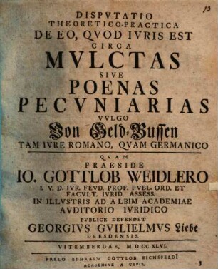 Disputatio Theoretico-Practica De Eo, Qvod Ivris Est Circa Mvlctas Sive Poenas Pecvniarias, Vvlgo Von Geld-Bussen Tam Ivre Romano, Qvam Germanico