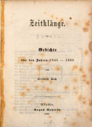 Zeitklänge : Gedichte aus den Jahren 1845 - 1860