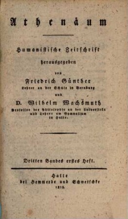 Athenaeum : humanistische Zeitschrift. 3, 3. 1818