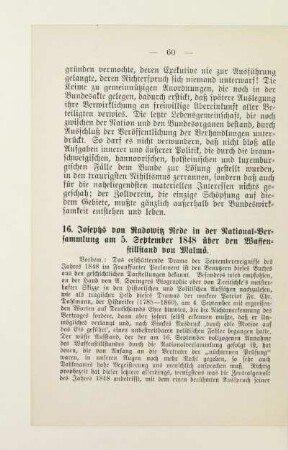 16. Josephs von Radowitz Rede in der National-Versammlung am 5. September 1848 über den Waffenstillstand von Malmö