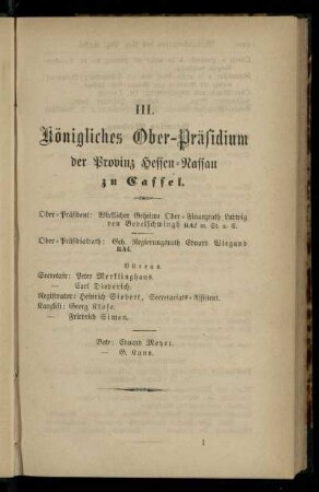 Königl. Ober-Präsidium der Provinz Hessen-Nassau zu Cassel